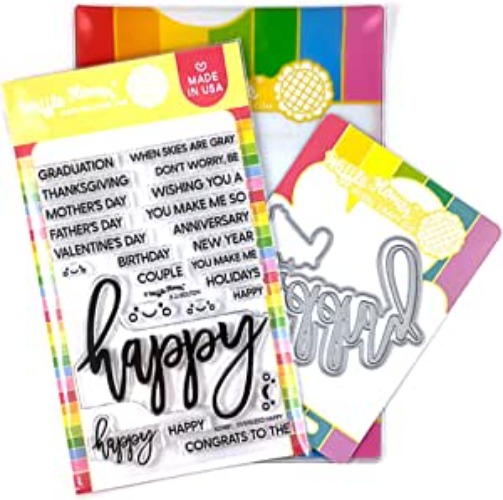 Waffle Flower Oversized Happy Combo - Every Day and Especially on celebratory Occasions, Send Cheerful Wishes with The Oversized Happy Stamp Set by Cardmaker JJ Bolton!