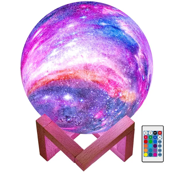 BRIGHTWORLD Moon Lamp Galaxy Lamp 5.9 inch 16 Colors LED 3D Moon Light Lava Lamp, Remote & Touch Control Star lamp Moon Night Light Gifts for Girls Boys Kids Women Birthday - Wooden Base