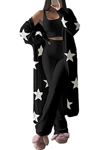 Fixmatti Women's Fuzzy 3 Piece Sweatsuit Open Front Cardigan Crop Tank Tops Wide Legs Pants Lounge Sets - Large - 1-star Black