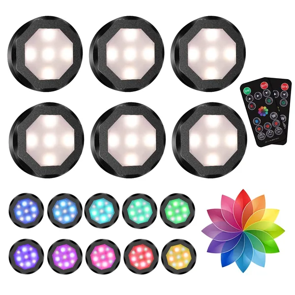 Under Cabinet Lights, Puck Lights with Remote Control GANA LED Closet Lights - Battery Powered Operated, Timer Function Wireless Color Changing Dimmable 16 Colors and 4 Modes Battery Lights (6 Pack) - Black-6pack