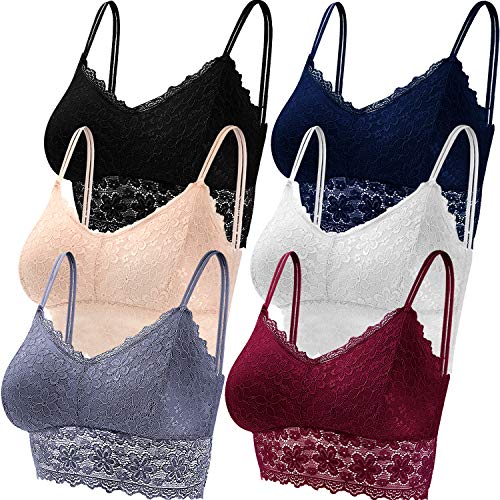 Duufin 6 Pieces Lace Bralettes for Women with Straps and Removable Pads - Black, Beige, White, Navy , Gray , Burgundy - Large