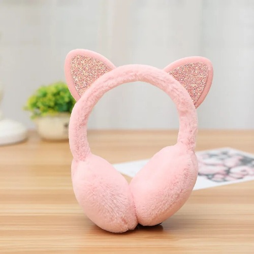 Winter Warm Cute & Cozy Plush Glitter Cat Ear Muff Warmers Headband - Pink