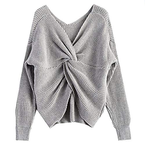 LifeShe V Neck Women Sweaters and Pullovers Twisted Back Jumpers - One Size - Grey