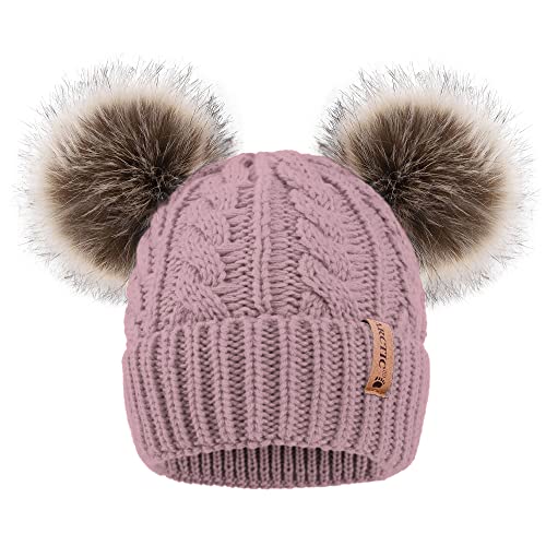 Arctic Paw Pom Pom Beanie Cable Knit Fleece Lined Winter Beanie Women Hat - Pink_twist