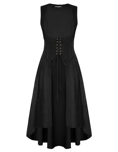 Scarlet Darkness Women Renaissance Costume Underbust Pirate Peasant High Low Dress with Pockets - Black - XX-Large