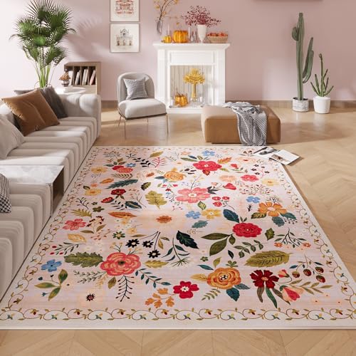 Rugcomf Living Room Rug 6x9 Rug Machine Washable Boho Area Rug Non Slip Floral Vintage Low Pile Large Rug for Living Room, Bedroom, Farmhouse, Dining Room, Kids Playroom(Beige) - 6'x9' - Beige