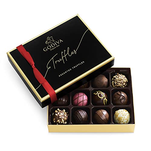 Godiva Chocolatier Holiday Signature Assorted Chocolate Truffles Gift Box with Red Ribbon - 12 Piece Gourmet Chocolate Selection with Milk Chocolate, Crunchy Almonds, Dark Chocolate Truffles & Salted Caramel - Assorted - 12 Count (Pack of 1)