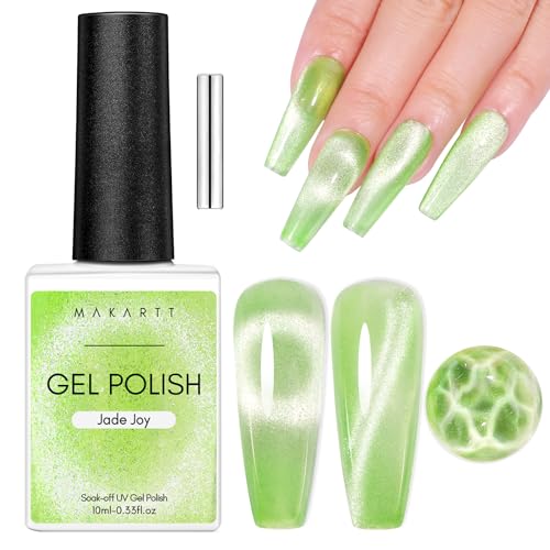 Makartt Holographic Cat Eye Gel Nail Polish Jelly Gel Nail Polish Soak Off with Magnet Uv Led Lamp Cured Home Salon Glitter Cateye Nail Art Design Valentine Gift for Women Girl(Jade Joy) - Jade Joy