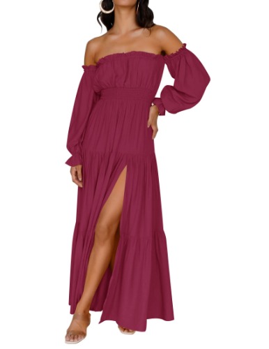 ZESICA Women's 2023 Boho Sexy Off Shoulder Long Sleeve Smocked High Waist Side Split Flowy A Line Tiered Long Maxi Dress - Fuchsia Large