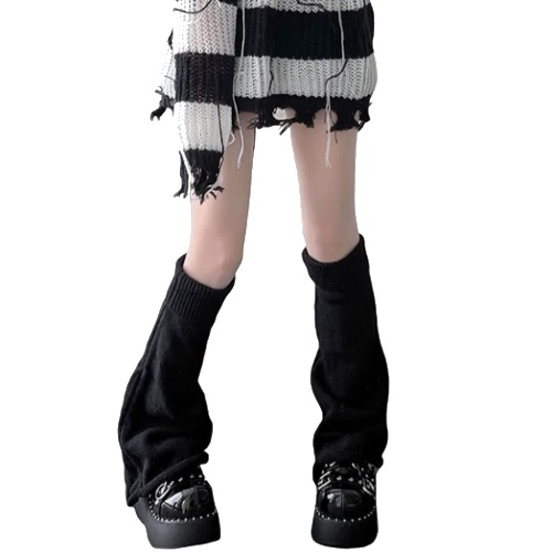 Dam Y2k gotiska benvärmare långa strumpor av kabelstickad japanska Harajuku Kawaii stövlar strumpor streetwear för tonårsflickor (svart), svart