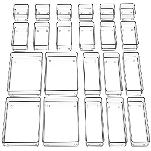 SMARTAKE 22-Piece Drawer Organizer with Non-Slip Silicone Pads, 4-Size Clear Organizer Trays for Makeup, Jewelries, Utensils in Bedroom Dresser, Office and Kitchen, Clear - Large - Clear
