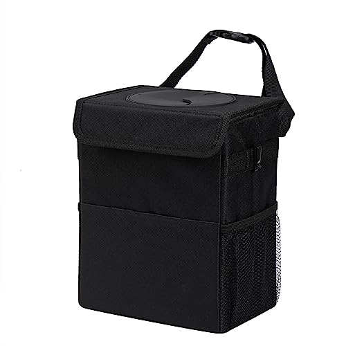 AOKJOY Car Garbage can with lid Leak Proof Vehicle Trash Can 3 Storage Pockets Hanging Waterproof car Trash Bag for SUV Black - black