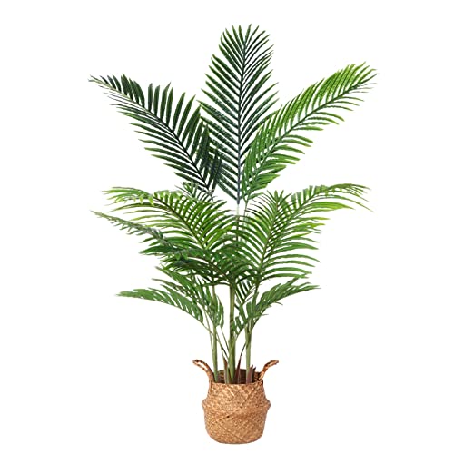 Ferrgoal Artificial Areca Palm Plants 4.6Ft Fake Dypsis Lutescens Tree with 15 Trunks in Pot and Woven Seagrass Belly Basket Tropical Faux Plant for Home Indoor Outdoor Office Modern Decor Green - 1 - 4.6 ft