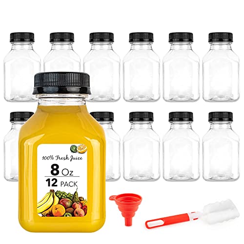8 oz Juice Bottles with Caps for Juicing (12 pack) - Reusable Clear Empty Plastic Bottles - 8 Oz Drink Containers for Mini Fridge, Juicer Shots - Mini Water Bottles - Includes Labels, Brush & Funnel - 8 oz - 12 Count