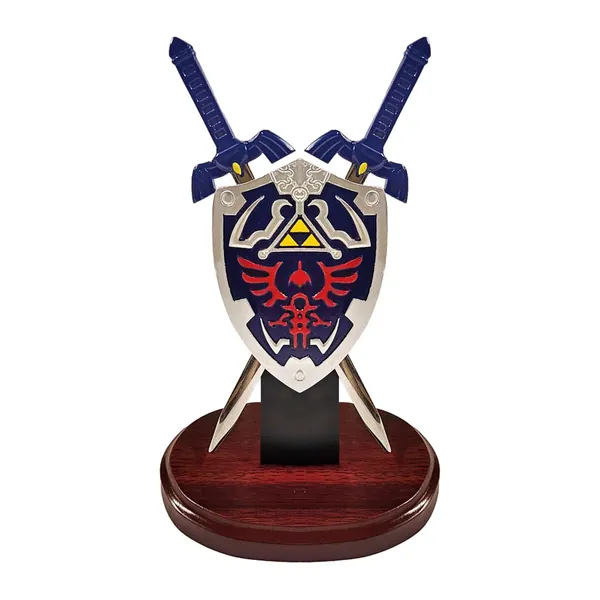 Swords and more The Legend of Zelda (Hylian Letter Opener 2 Set with Shield) - Left Hylian Master Sword 2 Set with Shield Miniature with Stand Gift for LOZ Fans, Collectors & Adults