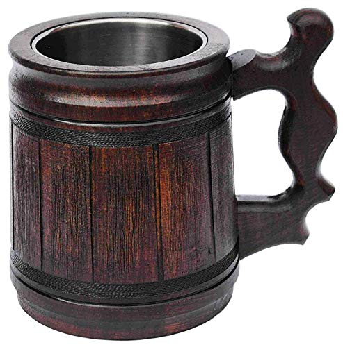 Etno Motif Handmade Beer Mug (10 OZ) Wooden Tankard Beer Stein Oak Wood Stainless Steel Cup Gift Natural Eco-Friendly - 10 Oz
