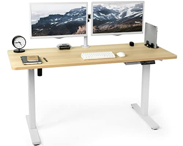 VIVO Electric Height Adjustable 60 x 24 inch Memory Stand Up Desk, Light Wood Solid One-Piece Table Top, White Frame, Standing Workstation with Preset Controller, 1B Series, DESK-KIT-1W6C - 60 x 24-inch - Light Wood Top / White Frame