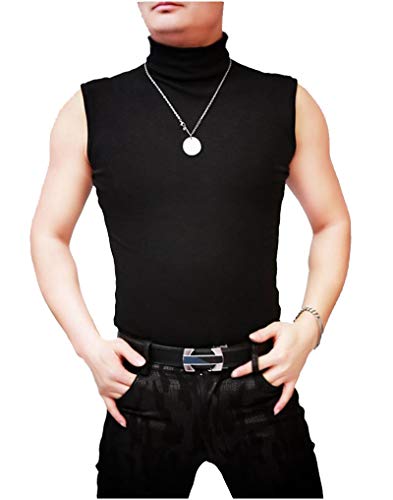 LinvMe Mens Shirt Cotton Stretch High Neck Sleeveless Slim Tank Top - Medium - Black