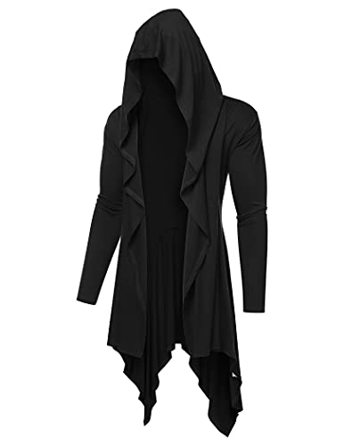 COOFANDY Long Hooded Cardigan Ruffle Shawl Collar Open Front Lightweight Drape Cape Overcoat with Pockets - Black - Small