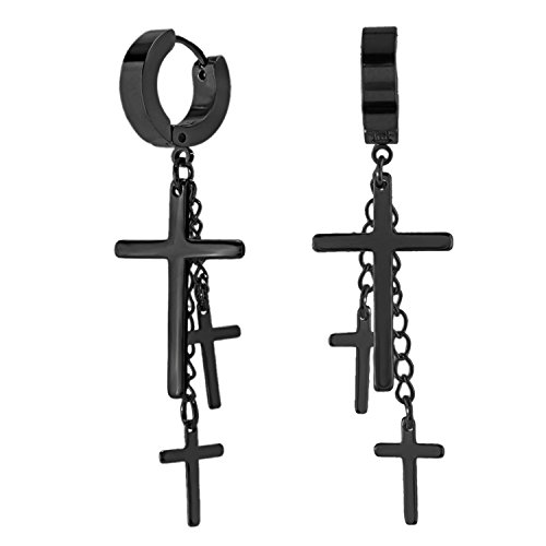 Charisma Cross Earrings for Men Women Dangling Hanging Stainless Steel Hoop Cross Earings Gothic Jewelry (Black/Gold/Silver) - 02) Black Plated Cross