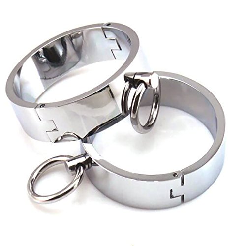 ChaodiaNYG Hardcore Metal Cuffs - Lockable Punk Wristband, Simple Handcuffs with O Ring, A Pair - Silver - 2.36 inch - 6 cm