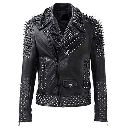 Mens Cafe Racer Studded Biker Punk Is Pride Red Brando Motorcycle Leather Jacket - Spikes Jacket - X-Small - Solid Black