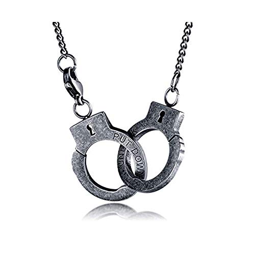 Rockyu Necklace for Men Stainless Steel Cool Black Silver Plated Handcuffs Pendant Chain 24 Inch Engraved