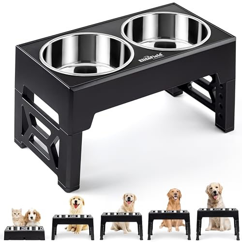 EliteField Elevated Dog Bowls (2-Year Warranty), Two 58 oz Stainless Steel Food Bowls, 5 Adjustable Raised Heights (4", 9.5", 10.5", 11.5", 12.75") Suitable for Dogs of All Ages, Small to Large Sizes - 2 Stainless Steel Bowls - Black