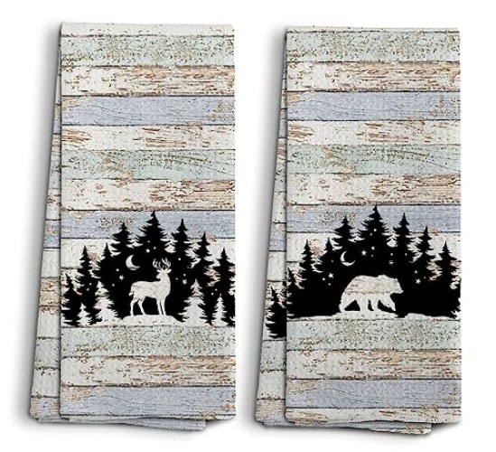 Wild Animal Deer Moose Bear Forest Camping Kitchen Towels and Dishcloths Sets of 2,Campsite Cabin RV Drying Cloth Hand Towels Tea Towels for Bathroom Kitchen,Campers Camping Lovers Gifts,16×24 inches - Wild Animal-1