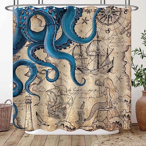 Fungarth Vintage Nautical Octopus Shower Curtain Navy Blue Mermaid Funny Ocean Kraken Shower Curtains for Bathroom Anchor Coastal Map Waterproof Fabric Bath Curtain Decor with Hooks (Retro, 72” x 72”) - 72” x 72” - Retro