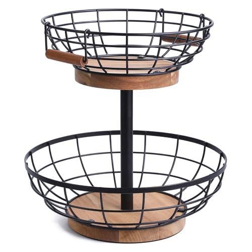 WILDMOS 2-tier Fruit Basket Bowl,Metal Basket with Wooden Base,Fruit and Vegetable Storage with Banana Hanger,Fruit Basket for Kitchen Counter Organizer.