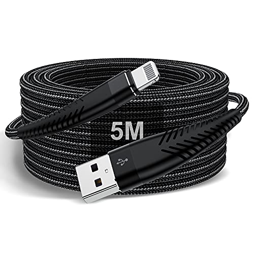 Extra Long iPhone Charger Cable 16ft/5M, Apple MFi Certified Lightning Cable 15ft, Fast Charging Nylon Braided iPhone Charging Cord for Apple iPhone 13 Pro Max/13/12 Mini/11/X/XS/XR/8 Plus/7/6/5/iPad - 1Pack Black - 16 Feet