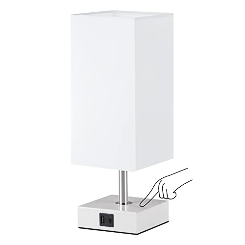 Ambimall 3 Way Touch Table Lamp with USB Ports - Beside Desk Nightstand Lamp for Bedrooms Living Room, LED Bulb Included(White Lampshade) - E：white