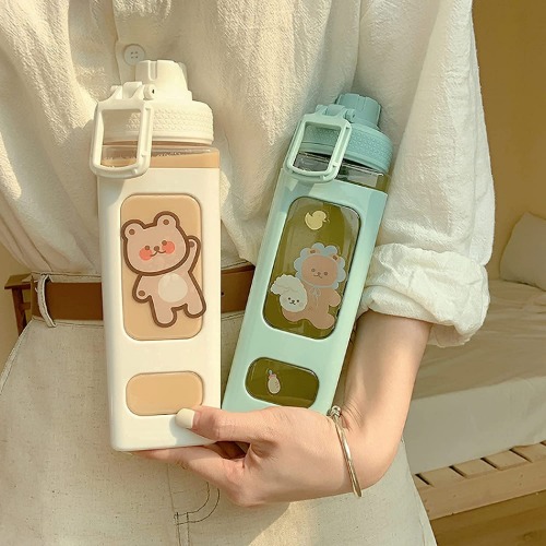 Kawaii Water Bottle with Straw and Sticker 23.6oz No Leak Large Cute Kawaii Bear Water Bottles Sport Plastic Portable Square Drinking Bottle for Kids Girls School Supplies