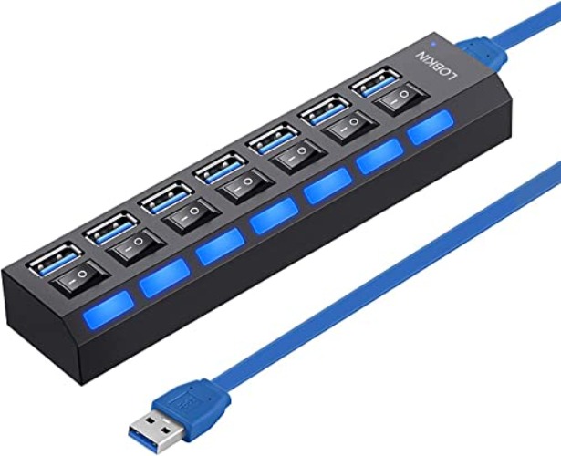 LOBKIN USB Hub 7-Port,USB 3.0 Data Hub with Individual On/Off Power Switches and Lights Portable USB Extension Hub for PC Laptop and More - USB 3.0 (7 Port)