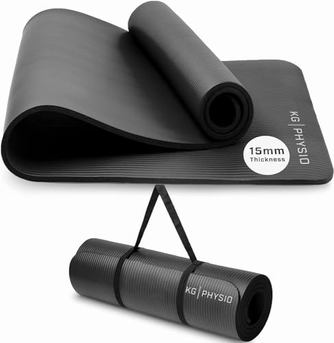 Yoga Mat by KG Physio | Thick Yoga Mats for Women and Men | Foam Exercise Mats | Thick Non Slip Gym Mats Pilates Mat for Home Workout at Home Fitness | Foam Mats Thick Yoga Mat Strap Included - 15mm Black