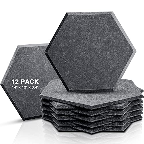 Sonic Acoustics 12 Pack Hexagon Acoustic Panels, 14" X 12" X 0.4" High Density Sound Absorbing Panels Sound Proof Insulation Beveled Edge Studio Treatment Tiles (Dark Grey) - No-adhesive - Dark Gray