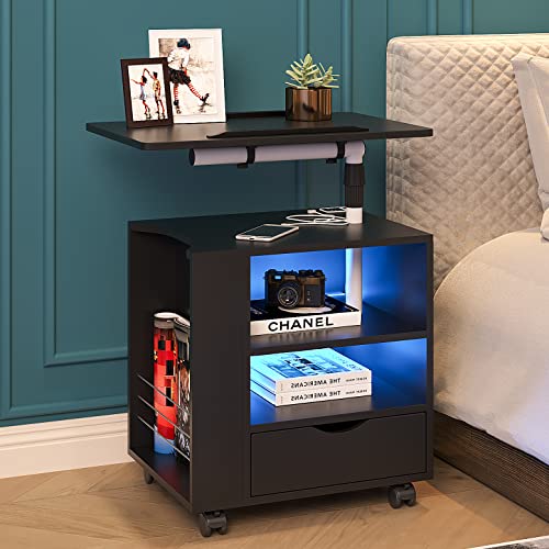 HNEBC Auto LED Nightstand with 2 USB Charging Station,Black Nightstand Has Adjustable Rotary Table, Bedside Tables with One Drawer and 2 Mezzanines/Infrared Induction 3 Color Lighting(On The Left) - Black - Left Side
