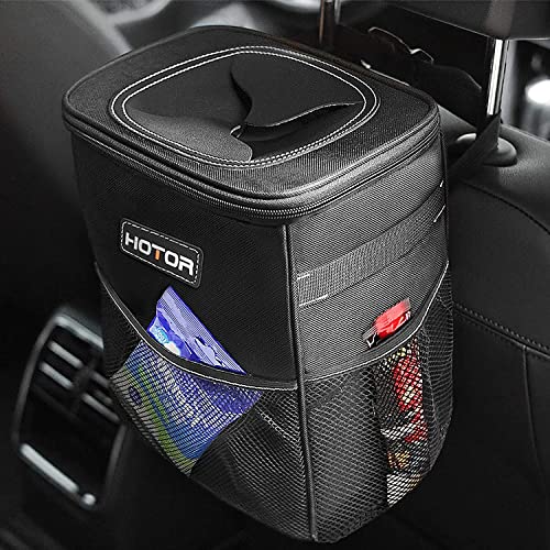 HOTOR Trash Can with Lid and Storage Pockets, 100% Leak-Proof Organizer, Waterproof Garbage Can, Multipurpose Trash Bin for Car - Black - 2 Gallons - Black