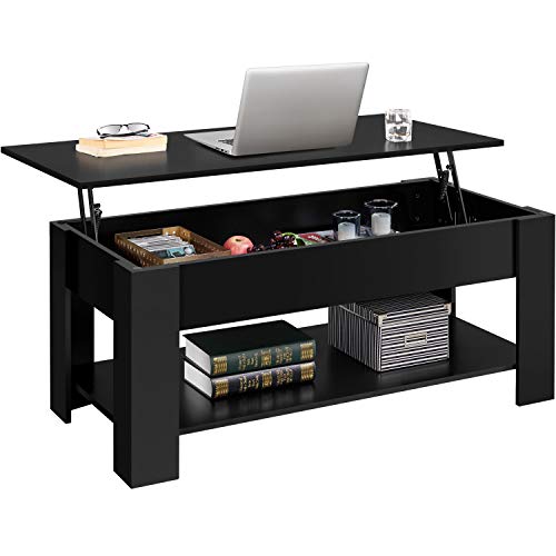 Yaheetech Lift Top Coffee Table with Hidden Compartment and Storage Shelf, Rising Tabletop Dining Table for Living Room Reception Room, 47.5in L, Black - Black - 47.5 x 23.5 x (19.5-25)’’ (LxWxH)