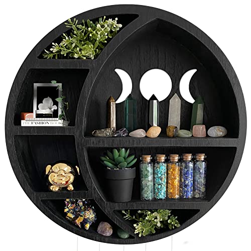 Ella & Emma Wooden Moon Shelf - Crescent Moon Crystal Shelf, Crystal Storage & Wall Hanging Shelves for Bedroom Aesthetic, Moon Phase Wall Decor & Crystal Display Shelf, Pinewood, Black - Full Black