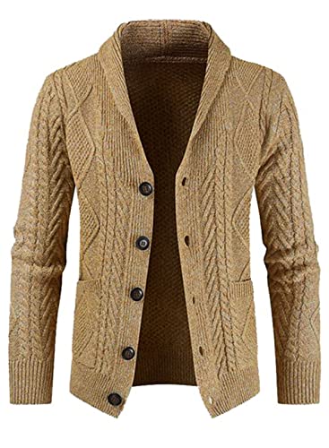 JMIERR Men's Casual Long Sleeve Shawl Collar Buttons Down Cable Knit Cardigan Sweater with Pockets - 3X-Large - D Khaki