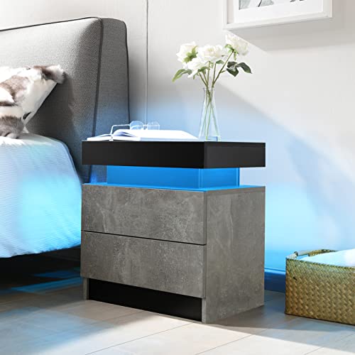 i-aplus Bedside Table with 2 Drawers, LED Nightstand Wooden Cabinet Unit with LED Lights for Bedroom, End Table Side Table for Bedroom Living Room, Grey - Black