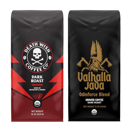Death Wish Coffee Co. Dark Roast Grounds 16 Oz & Valhalla Java Dark Ground Coffee 12 Oz- Extra Kick of Caffeine in 1 Powerful Bundle - Hardcore Coffee from Arabica & Robusta Beans for Tough Days - Dark Roast - 1.75 Pound (Pack of 1)