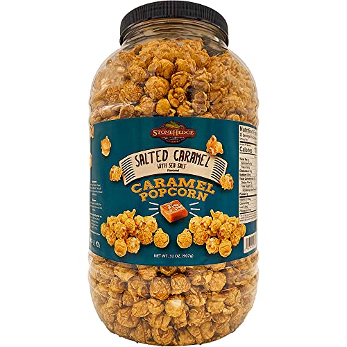 Stonehedge Farms Salted Caramel Popcorn - 32 Ounce Reclosable Barrel - Deliciously Old Fashioned - Flavored Popcorn -Bulk Pop Corn - Made in the USA - Gluten Free - Salted Caramel
