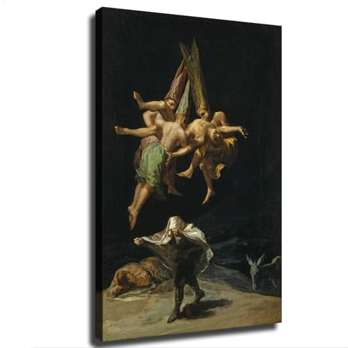 Witches' Flying by Francisco De Goya Poster Canvas Painting Print Wall Art Decor for Living Room Bedroom Hallway Office (08x12inch,Framed) - 08x12inch - Framed