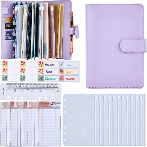 A6 Cash Envelopes Binder Wallet, PU Leather Budget Planner Notebook with 12Pcs Zipper Pockets, 12Pcs Expense Tracker, Purple Coupon Organizer Lose Leaf Cash Binder for Budgeting - A6 Cash Binder Purple