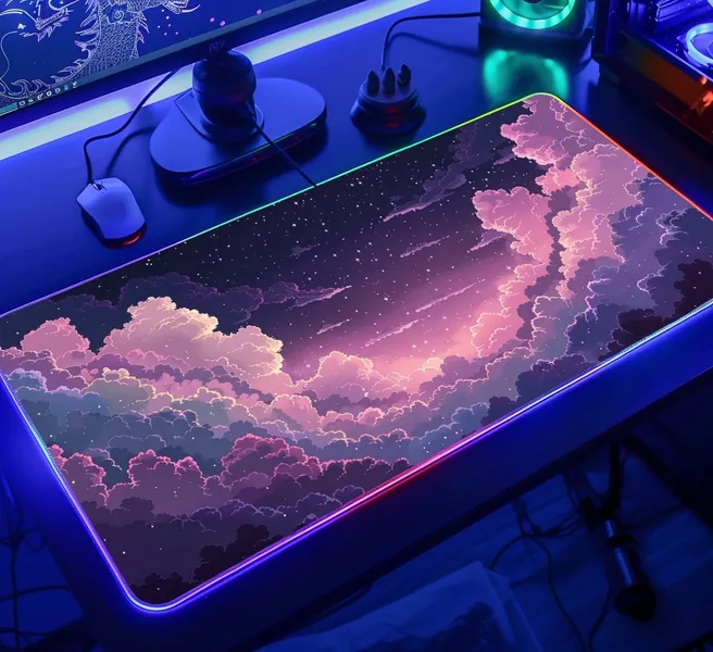 Celestial Purple Desk Mat, RGB Cloud Sky Desk Mat, Anime Starry Sky Mouse pad, Cloud Aesthetic Desk Mat, Purple Cloud Pixel Art Desk Mat