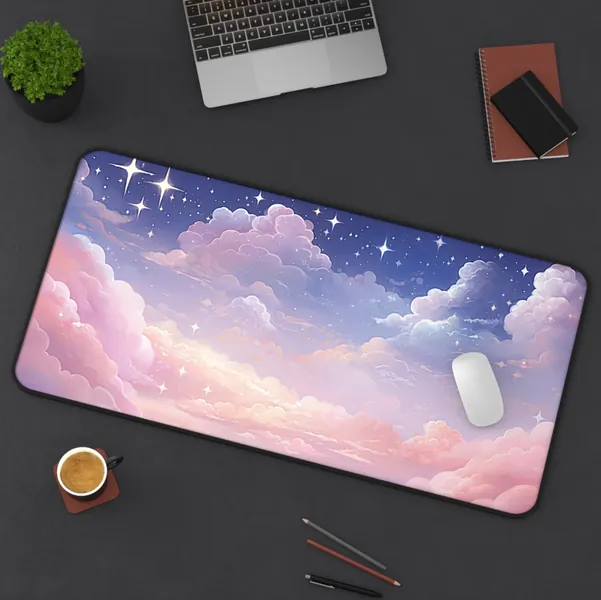 Desk Mat Aesthetic Cute Pink Clouds and Stars Deskmat XL Extended Large Mouse Pad Keyboard Gaming Office Room Decor