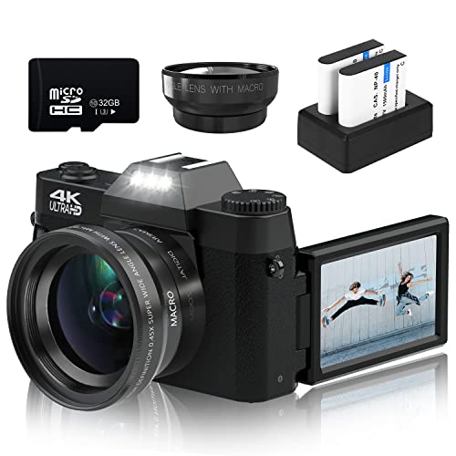 Digital Cameras for Photography, 4K 48MP Vlogging Camera 16X Digital Zoom Manual Focus Rechargeable Students Compact Camera with 52mm Wide-Angle Lens & Macro Lens, 32G Micro Card and 2 Batteries - Black